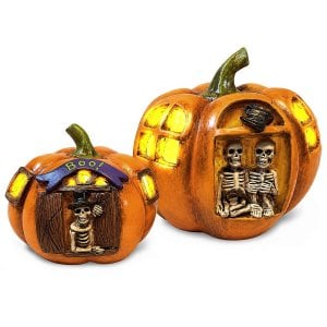 Σετ 2 Διακοσμητικές Κολοκύθες Halloween Polyresin με Φως και Σκελετούς, 2 Διαφορετικές Παραστάσεις, διάμετρος 15x12cm