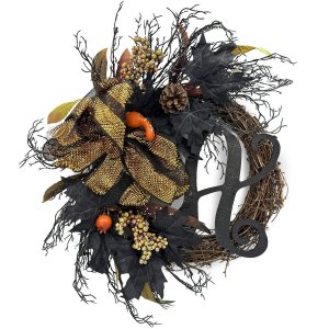 Στεφάνι Halloween Διακοσμητικό με Μαύρα Φύλλα, Κλαδιά, Χρυσή Κορδέλα, Κουκουνάρι και Ξύλινο Γράμμα H για την Πόρτα