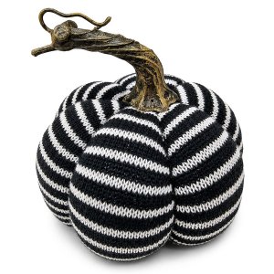 Διακοσμητική Κολοκύθα Halloween Πάνινη Ασπρόμαυρη με Ρίγες και Κοτσάνι 15x15cm, Πλεκτή Όψη