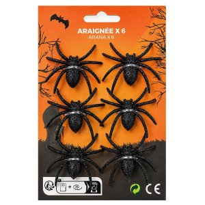 Σετ 6 Αράχνες Halloween Μαύρες με Γκλίτερ, Διακοσμητικές Αράχνες Τρόμου για Στολισμό, σε Κάρτα 20x13cm