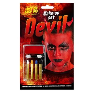 Σετ Βαφής Προσώπου Devil Halloween με Κόκκινο Μακιγιάζ, Σφουγγαράκι και 4 Μολύβια Βαφής, Αποκριάτικο Μακιγιάζ