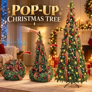 Χριστουγεννιάτικο Δέντρο Pop Up NOELAURA XPT-180, 180 εκ. Στολισμένο με 100 LED, Καρό Κορδέλες &amp; Μπάλες, Πτυσσόμενο Pre-Lit Pop Up Christmas Tree