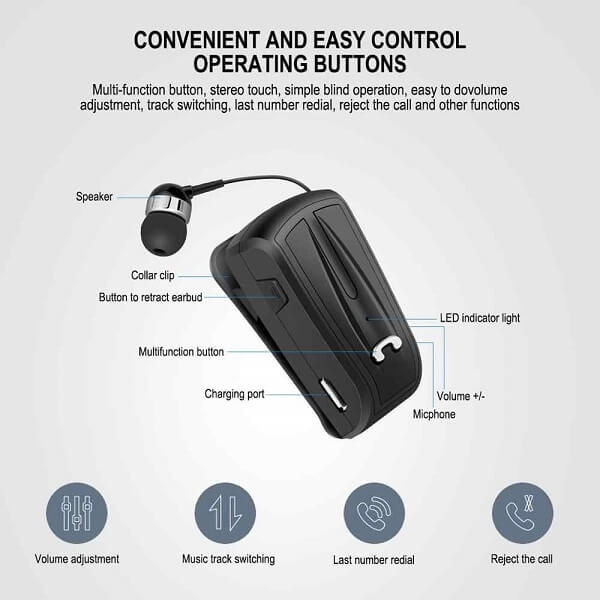 Ασύρματο Handsfree Bluetooth Ανασυρόμενο Ακουστικό Πέτου Fineblue Wireless In-Ear Headset