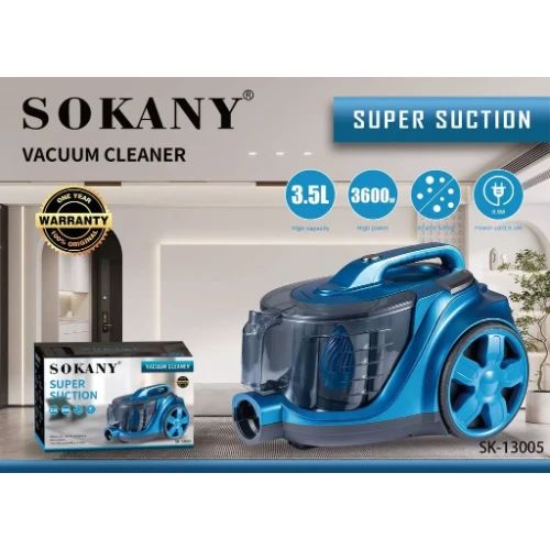Sokany Ηλεκτρική Σκούπα 3600W με Κάδο 3,5L & Ρυθμιστή Ισχύος Μπλε