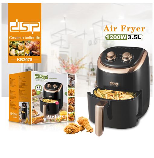 DSP Iσχυρή Φριτέζα Αέρος 1200W με Αποσπώμενο Κάδο 3.5lt και Ρυθμιζόμενο Θερμοστάτη - Air Fryer Μαύρη