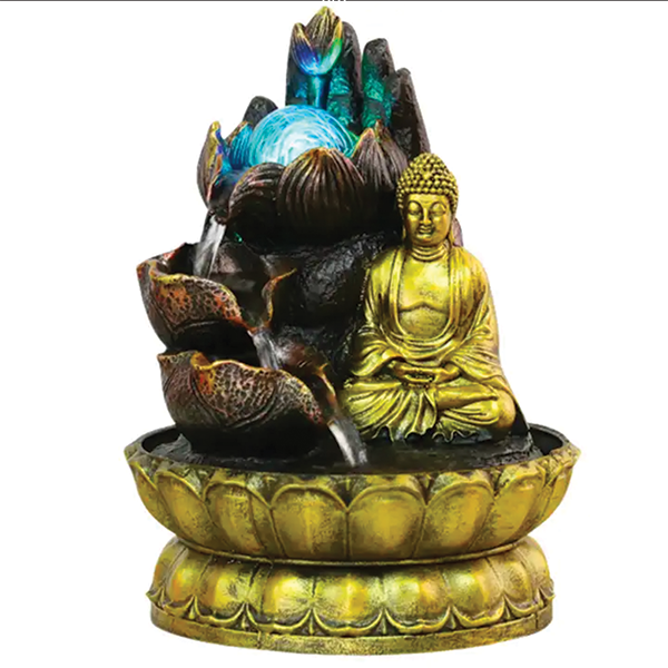 Διακοσμητικό Συντριβάνι Feng Shui με LED Φωτισμό, Τρεχούμενο Νερό και Χρυσό Βούδα 20.5x20.5x26cm - Bouddha Fountain