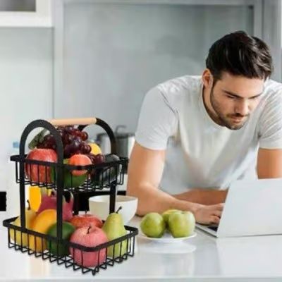 Μεταλλική Ραφιέρα – Φρουτιέρα 2 Επιπέδων 37x30x18.5cm με Ξύλινη Λαβή 