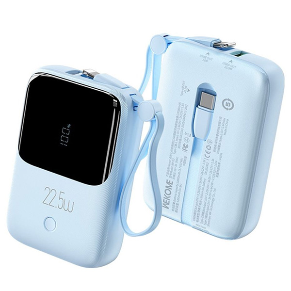 Wekome WP-53 Power Bank Γρήγορης Φόρτισης με 2 Ενσωματωμένα Καλώδια – 10000mAh 22.5W, Γαλάζιο