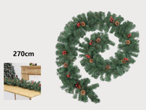Χριστουγεννιάτικη Γιρλάντα 270cm Πράσινη με Κουκουνάρια και Μούρα – Φυσική Διακόσμηση