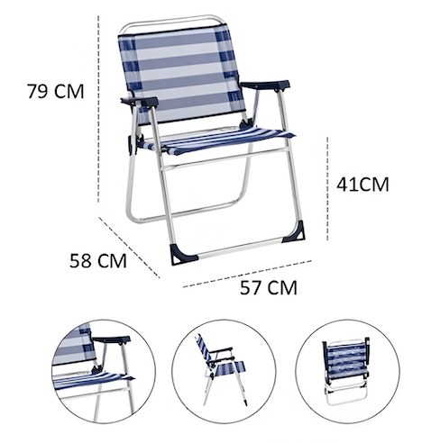 Καρέκλα Παραλίας Πτυσσόμενη Kmt Style 602824 – Ανάλαφρη & Ανθεκτική | Αλουμινίου, Ριγέ Μπλε, 79x58x57cm, Ιδανική για Camping & Θάλασσα