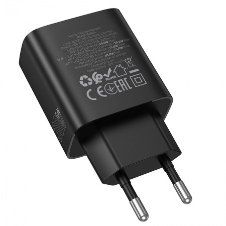 Φορτιστής Τοίχου Borofone BA98A 30W PD – 2x USB-C & USB-A | Ταχεία Φόρτιση, LED Οθόνη & Καλώδιο Lightning, για iPhone, Android, Tablet