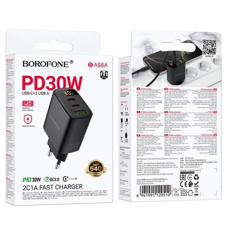 Φορτιστής Τοίχου Borofone BA98A 30W PD – 2x USB-C & USB-A | Ταχεία Φόρτιση, LED Οθόνη & Καλώδιο Lightning, για iPhone, Android, Tablet