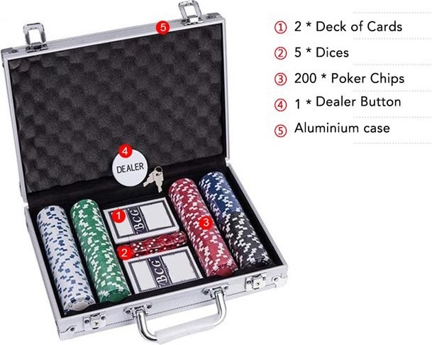 Σετ Poker 200 Τεμαχίων με Αλουμινένια Βαλίτσα – Πλήρες Κιτ με Μάρκες, Τράπουλες & Ζάρια για Texas Holdem & Άλλα Παιχνίδια Σετ Poker 200 Τεμαχίων με Αλουμινένια Βαλίτσα – Πλήρες Κιτ με Μάρκες, Τράπουλες & Ζάρια για Texas Holdem & Άλλα Παιχνίδια