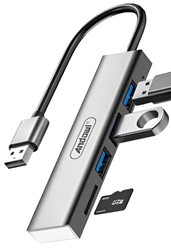 USB Hub 4 σε 1 Andowl – 3 Θύρες USB & Card Reader - Υψηλές Ταχύτητες USB 3.0, Μεταφορά Δεδομένων & Σύνδεση Περιφερειακών για PC/Laptop
