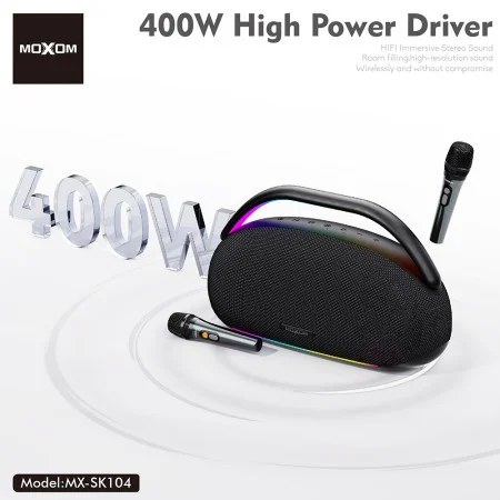 Ασύρματο Ηχείο Karaoke Moxom 400W – Με 2 Μικρόφωνα & RGB Φωτισμό - Bluetooth 5.3, Μπαταρία 30000mAh, HiFi Sound, Φορητό Ασύρματο Ηχείο Karaoke Moxom 400W – Με 2 Μικρόφωνα & RGB Φωτισμό - Bluetooth 5.3, Μπαταρία 30000mAh, HiFi Sound, Φορητό