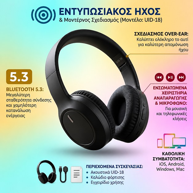 Ασύρματα Ακουστικά Bluetooth 5.3 με Μικρόφωνο και Χειριστήρια Αναπαραγωγής Ασύρματα Ακουστικά Bluetooth 5.3 με Μικρόφωνο και Χειριστήρια Αναπαραγωγής