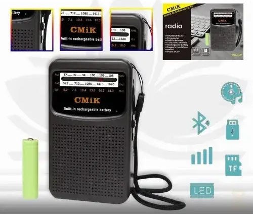 Φορητό Επαναφορτιζόμενο Ραδιόφωνο AM/FM/SW με Ηχείο & Κάρτα Μνήμης CMiK Μαύρο