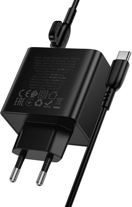 Φορτιστής 65W GaN USB-C & USB-A – Ταχεία Φόρτιση PD & QC 3.0 - Με Καλώδιο USB-C 1m, για Laptop, Smartphone & Tablet Φορτιστής 65W GaN USB-C & USB-A – Ταχεία Φόρτιση PD & QC 3.0 - Με Καλώδιο USB-C 1m, για Laptop, Smartphone & Tablet