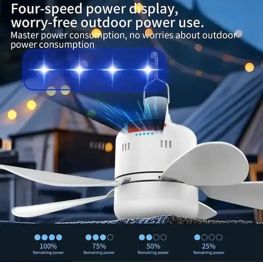 Φορητός Ανεμιστήρας Οροφής με LED & Τηλεχειριστήριο - USB Επαναφορτιζόμενος, 4 Ταχύτητες, 4 Χρονόμετρα, Ιδανικός για Κάμπινγκ & Σκηνή