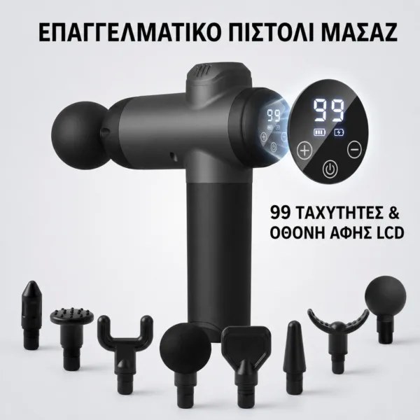 Επαγγελματικό Πιστόλι Μασάζ – Βαθιά Μυϊκή Χαλάρωση με 99 Ταχύτητες - 8 Κεφαλές, Οθόνη LCD, Επαναφορτιζόμενο για Αυχένα & Πόδια