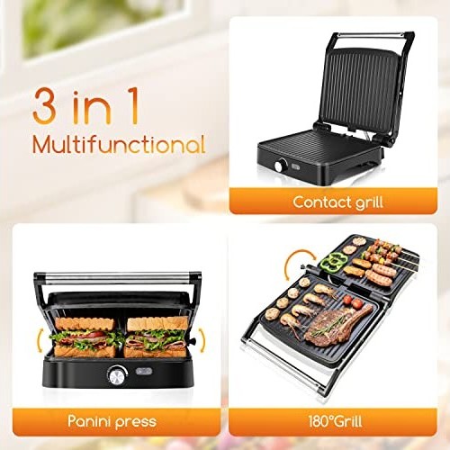 Ψηστιέρα / Τοστιέρα 1800W – 3‑σε‑1 Grill & Panini, Άνοιγμα 180°