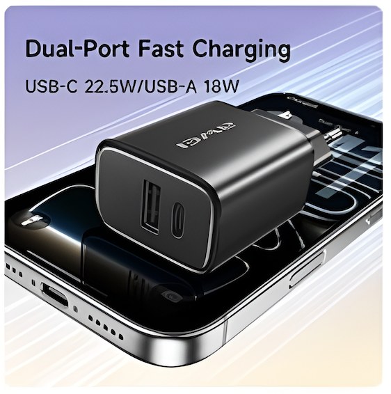Ταχυφορτιστής 22.5W με USB-C, USB-A και καλώδιο Lightning - Διπλή θύρα, AC 100-240V