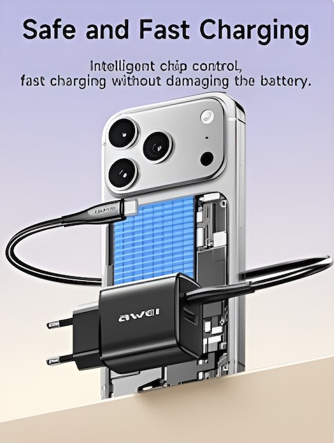 Ταχυφορτιστής 22.5W με USB-C, USB-A και καλώδιο Lightning - Διπλή θύρα, AC 100-240V