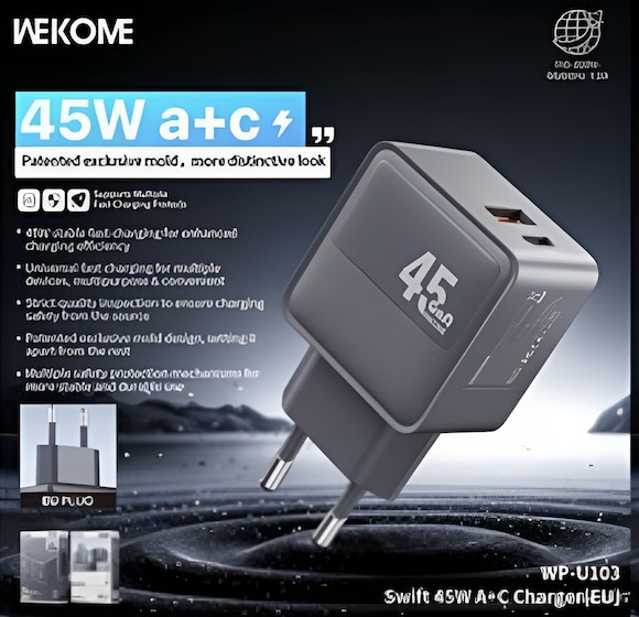 Ταχυφορτιστής GaN 45W - USB-C και USB-A, γρήγορη φόρτιση σε γκρι χρώμα
