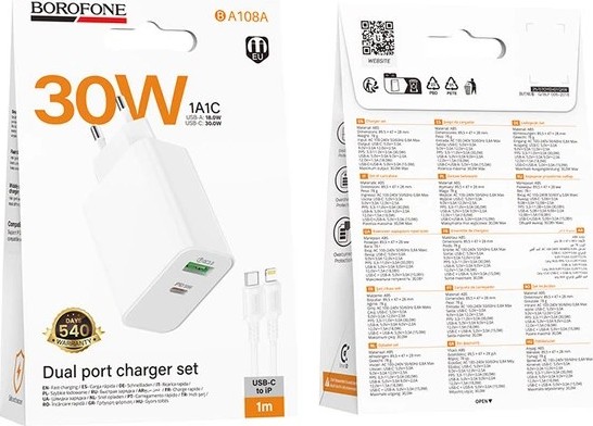Φορτιστής Τοίχου 30W - USB-C PD & USB-A QC 3.0 Με Καλώδιο USB-C Σε Lightning 1m, Λευκό