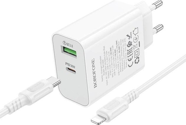 Φορτιστής Τοίχου 30W - USB-C PD & USB-A QC 3.0 Με Καλώδιο USB-C Σε Lightning 1m, Λευκό