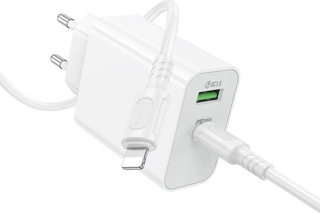 Φορτιστής Τοίχου 30W - USB-C PD & USB-A QC 3.0 Με Καλώδιο USB-C Σε Lightning 1m, Λευκό