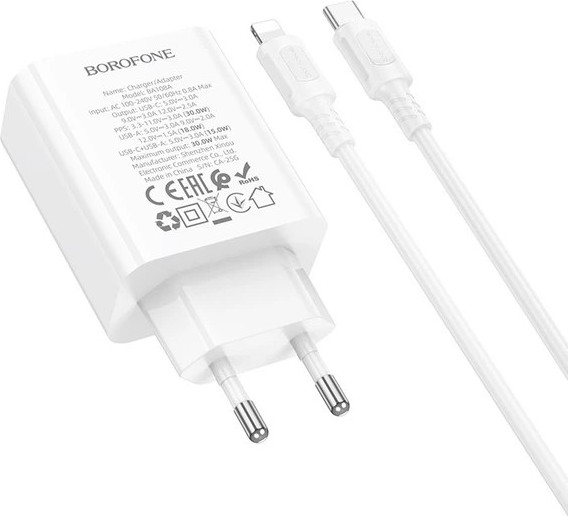 Φορτιστής Τοίχου 30W - USB-C PD & USB-A QC 3.0 Με Καλώδιο USB-C Σε Lightning 1m, Λευκό