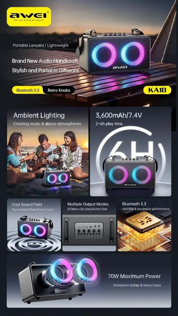 Ηχείο Bluetooth 5.3 70W Φορητό Επαναφορτιζόμενο Μεγάλης Διάρκειας με RGB Φωτισμό 7 Χρωμάτων, Δυνατά Μπάσα, USB, Micro SD, AUX, για Πάρτι και Εκδρομές, Μαύρο Ηχείο Bluetooth 5.3 70W Φορητό Επαναφορτιζόμενο Μεγάλης Διάρκειας με RGB Φωτισμό 7 Χρωμάτων, Δυνατά Μπάσα, USB, Micro SD, AUX, για Πάρτι και Εκδρομές, Μαύρο