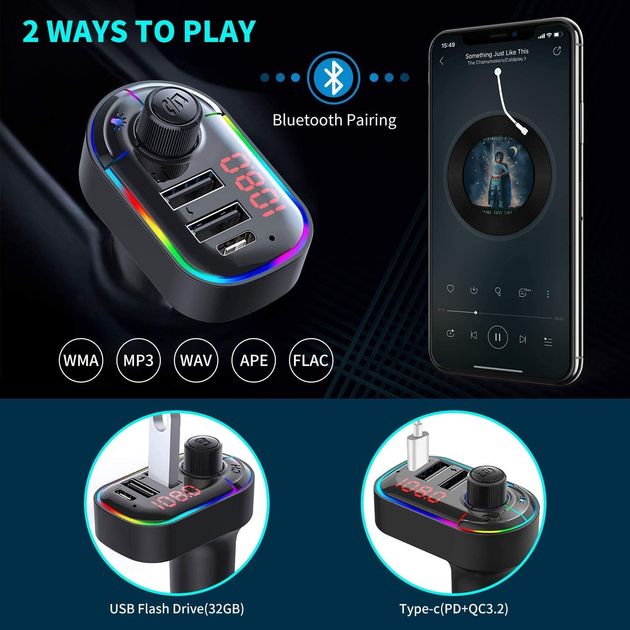 3 σε 1 Bluetooth Αναμεταδότης Αυτοκινήτου FM Transmitter, Hands-Free & Φορτιστής Αναπτήρα με RGB Φωτισμό