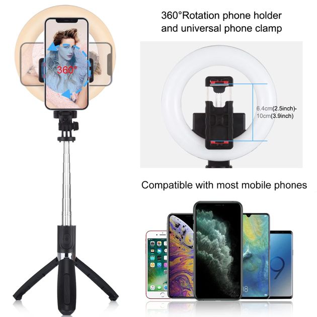 Φωτιστικό Δαχτυλίδι LED Ring Light & Bluetooth Selfie Stick 2 σε 1 με Ρυθμιζόμενη Θερμοκρασία & Ένταση Φωτός, Πτυσσόμενο Τρίποδο Στήριξης & Αποσπώμενο Bluetooth Τηλεχειριστήριο