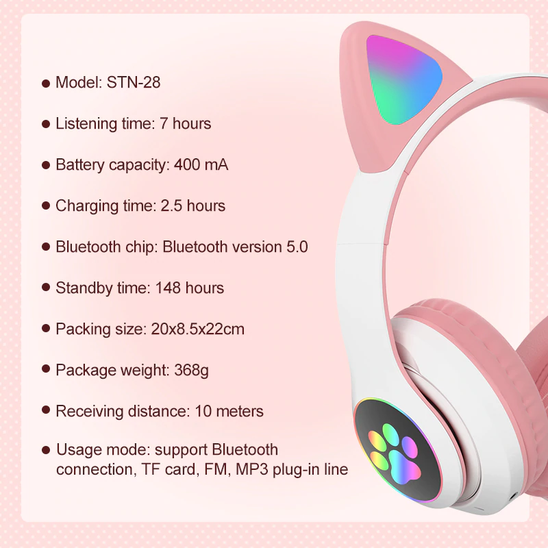 LED Bluetooth Ασύρματα On-Ear Ακουστικά Αυτιά Γάτας με Εναλλασσόμενο Φωτισμό - Wireless Cat Ear Headphones Μαύρο
