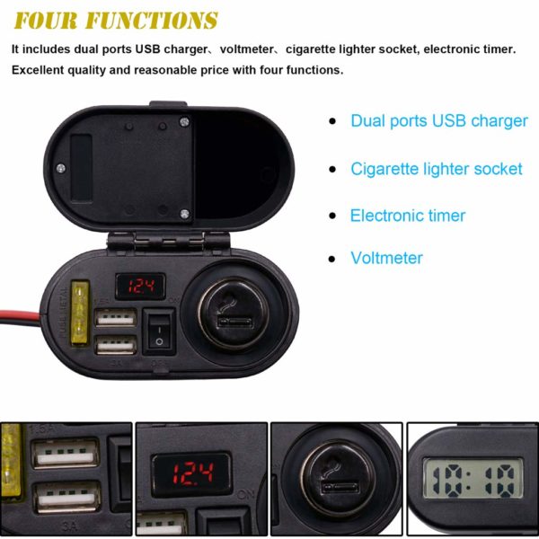 Αδιάβροχος Φορτιστής με Αναπτήρα Αυτοκινήτου, 2 USB, Ρολόι & Βολτόμετρο - Power Adapter Μοτοσικλέτας, Ποδηλάτου 