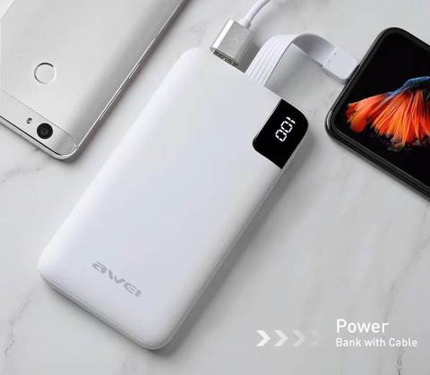 Power Bank 10.000mAh Awei® P67K Φορητή Μπαταρία με Ενσωματωμένο Καλώδιο Lightning iPhone