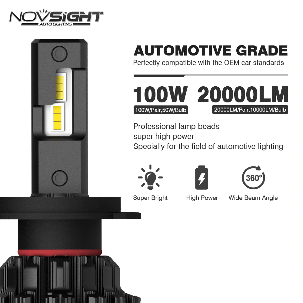 Σετ 2 Λάμπες Αυτοκινήτου NovSight Led H7 100W 20000LM 6000K