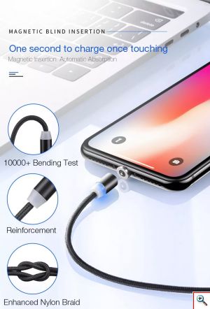 Μαγνητικό Καλώδιο Γρήγορης Φόρτισης 360° USB-A 3 σε 1 Lightning - USB-C - MicroUSB με Καλώδιο που δεν Μπλέκεται 1m & LED Ένδειξη Φόρτισης