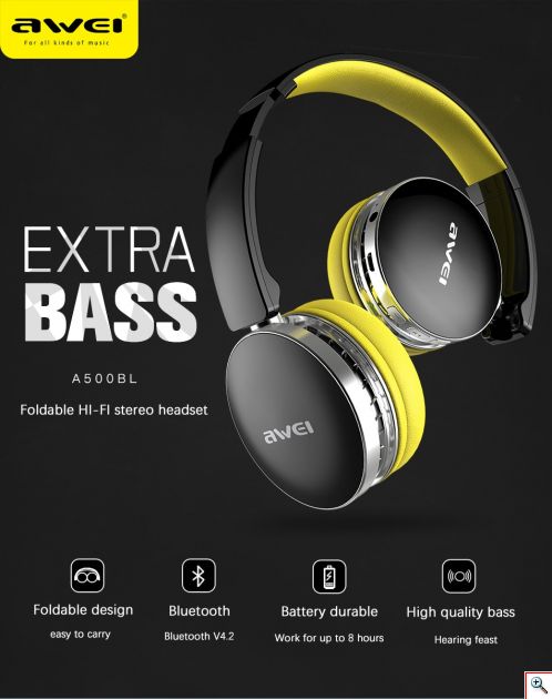 Ασύρματα & Ενσύρματα On-Ear Ακουστικά AWEI A500BL Bluetooth Headphones Aux, Handsfree με Μικρόφωνο - Foldable Wireless Headset Noise Canceling