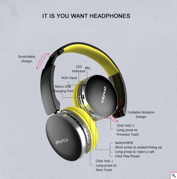 Ασύρματα & Ενσύρματα On-Ear Ακουστικά AWEI A500BL Bluetooth Headphones Aux, Handsfree με Μικρόφωνο - Foldable Wireless Headset Noise Canceling