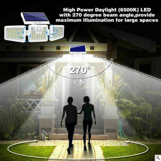 Αδιάβροχο Τριπλό Ηλιακό Ευρυγώνιο Φωτιστικό 270ᵒ LED με Ανιχνευτή Κίνησης, Αισθητήρα Νυκτός / Φωτοκύτταρο & 3 Λειτουργίες Φωτισμού - Επιτοίχιος Προβολέας Εξωτερικού Χώρου
