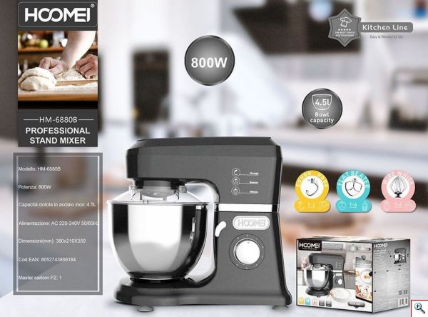 Hoomei® Επαγγελματικό Μίξερ 800W με Κάδο 4.5L - 6 Ταχύτητες - Λειτουργία Παλμού & 3 Εξαρτήματα Ζυμώματος HM-6880B