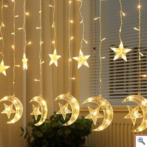 LED Χριστουγεννιάτικα Φωτάκια Ασύμμετρη Κουρτίνα Γιρλάντα 3μ με Φεγγάρια & Αστέρια 100 LED Θερμο Κίτρινο Christmas Lights Stars On Moons