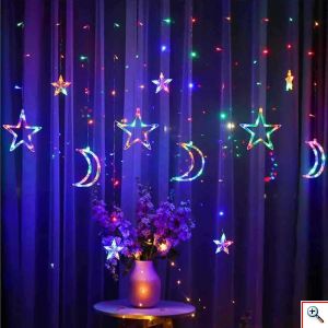 Χριστουγεννιάτικη Κουρτίνα 3m με 120 RGB Led Λαμπάκια σε Σχήμα Αστεριών & Φεγγαριών Πολύχρωμου Φωτισμού 