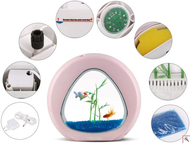 Mini Ενυδρείο - Δύο όψεων με Φωτισμό LED, Αντλία Νερού και Φίλτρο, Nobleza Ρόζ 30040