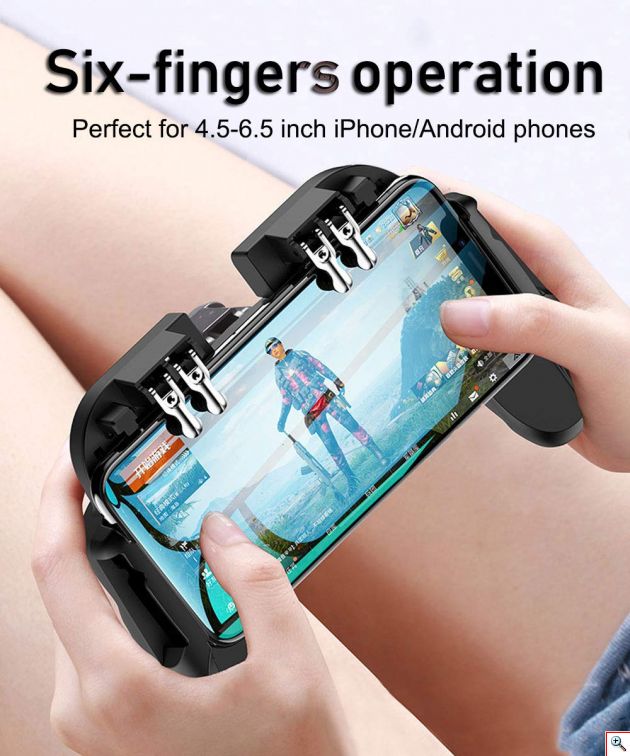 Χειριστήριο Παιχνιδιών PUBG 6 Δάχτυλων R1 R2 L1 L2 Κινητού με Ανεμιστήρα, Μπλε LED Φωτισμό, Βάση Στήριξης & USB Μπαταρία - Fortniteγια Κινητά Ios & Android