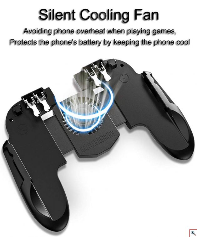 Χειριστήριο Παιχνιδιών PUBG 6 Δάχτυλων R1 R2 L1 L2 Κινητού με Ανεμιστήρα, Μπλε LED Φωτισμό, Βάση Στήριξης & USB Μπαταρία - Fortniteγια Κινητά Ios & Android