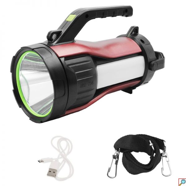 Ηλιακός Επαναφορτιζόμενος Διπλός LED Φακός 30W - Power Bank 2000mAh με Χερούλι, Κορδονάκι, Ψυχρό Λευκό & Κόκκινο Φωτισμό & 7 Λειτουργίες Φωτισμού